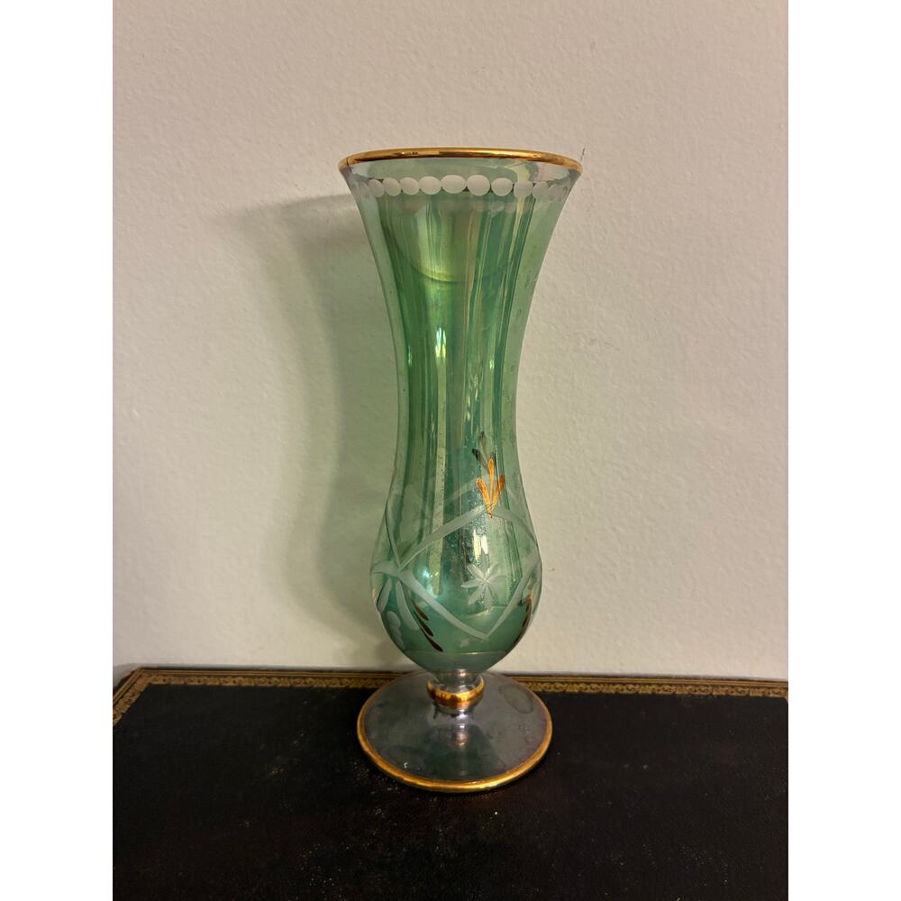 Vintage Royal Limited Egypt Green Glass Vase Gold Rim Handcrafted Crystal